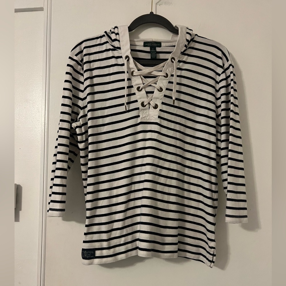 Lauren Ralph Lauren Women's Blue & White Striped Lace-Up Hoodie size XL (D212)